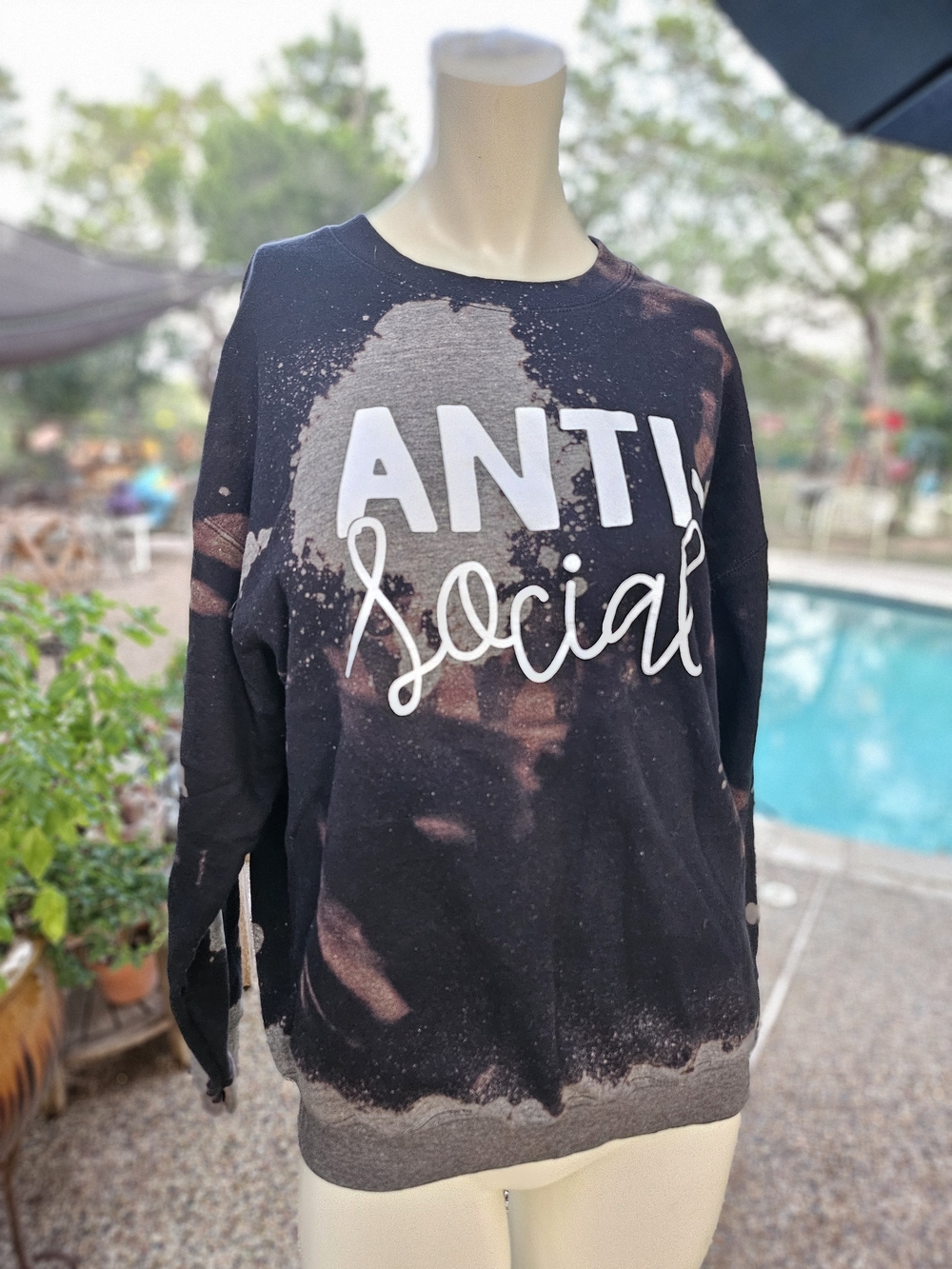 Black Bleached Dyed  'Anti Social' Graphic Sweatshirt M